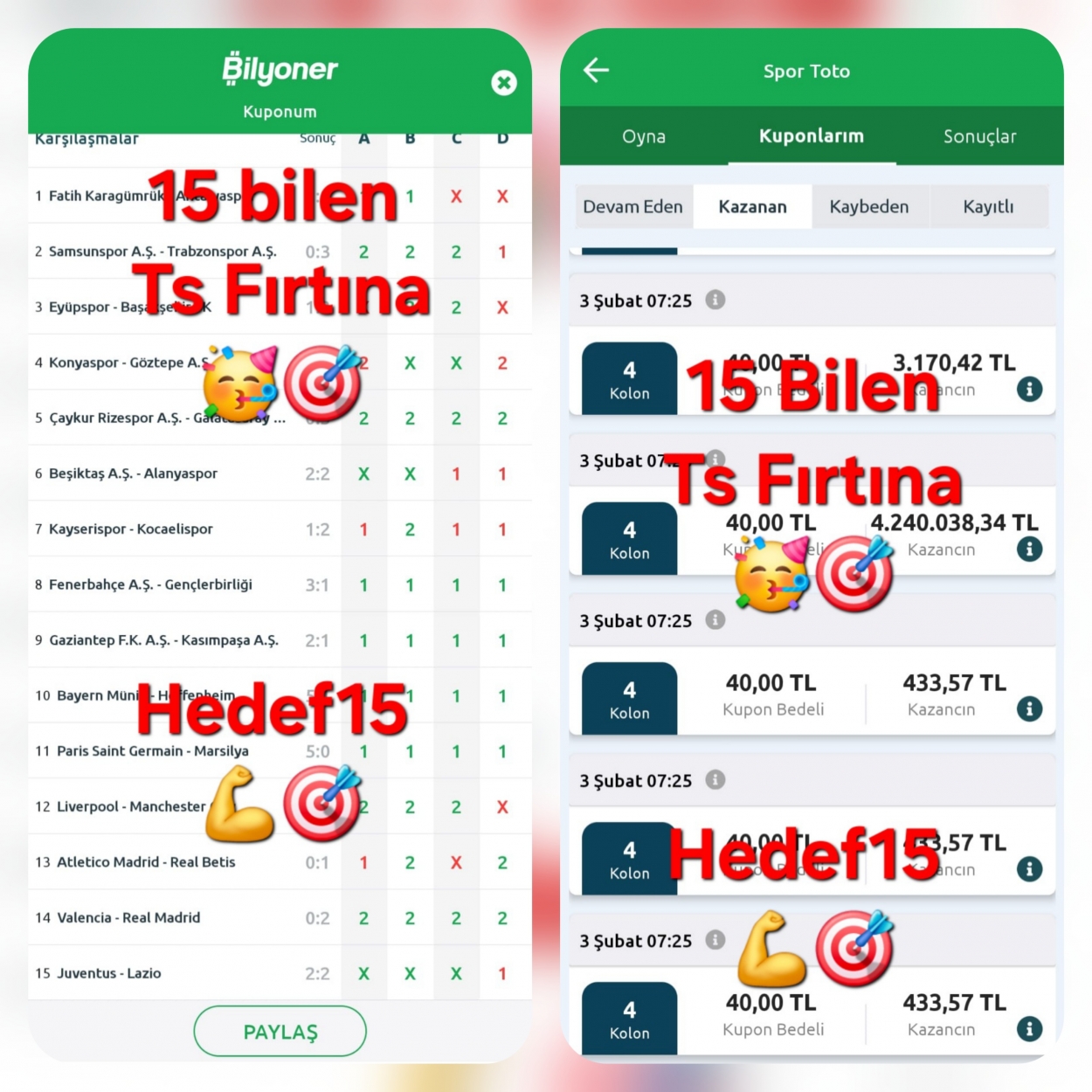 Spor Toto Hedef 15 Kazanan kuponlar